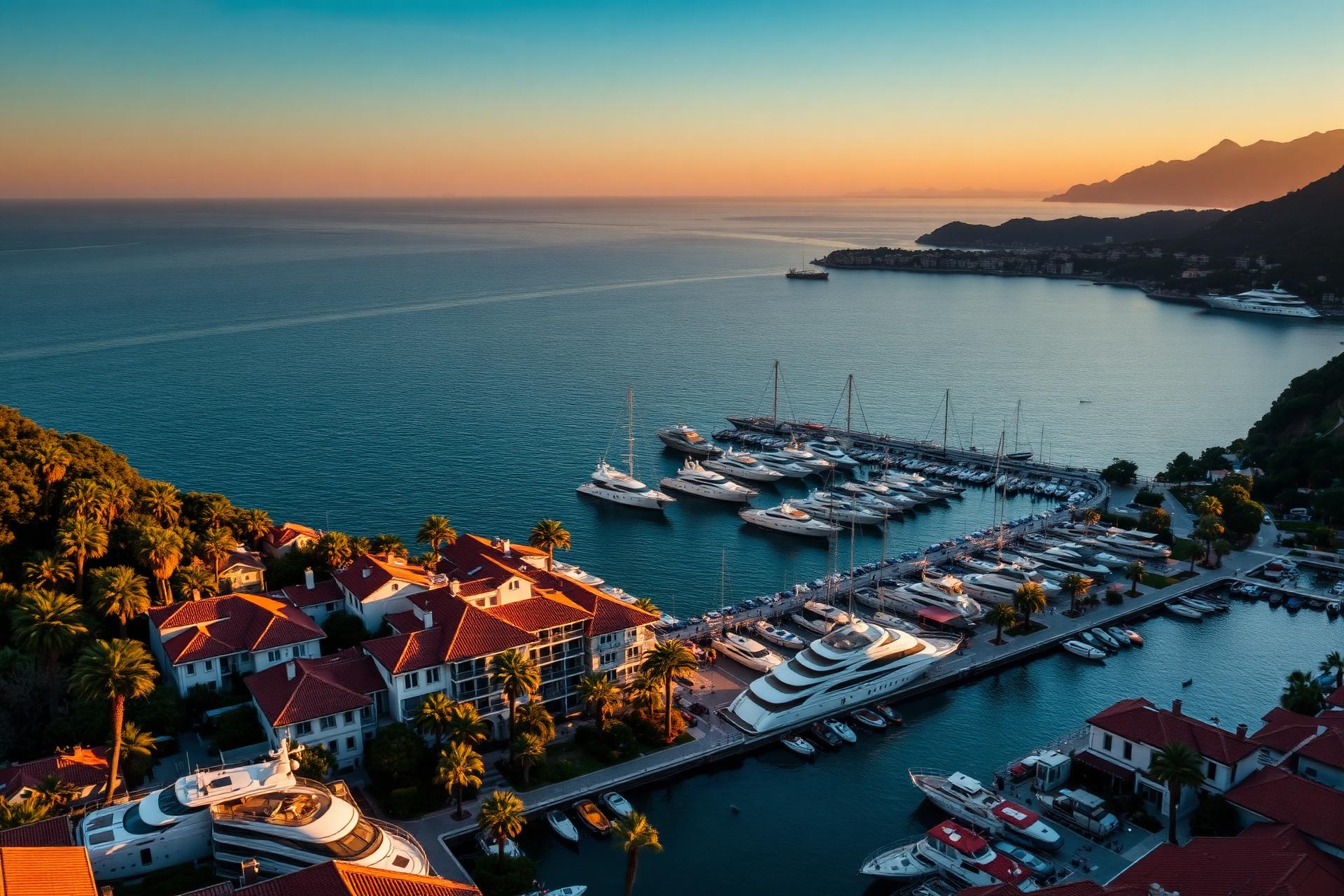 Aerial view of the French Riviera coastline at golden hour
